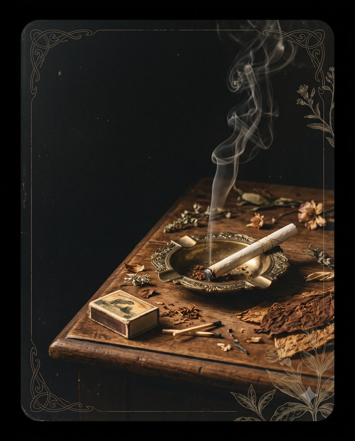 A rolled cigarette resting in a brass ashtray on a weathered wooden table, with loose tobacco leaves and a matchbox nearby.