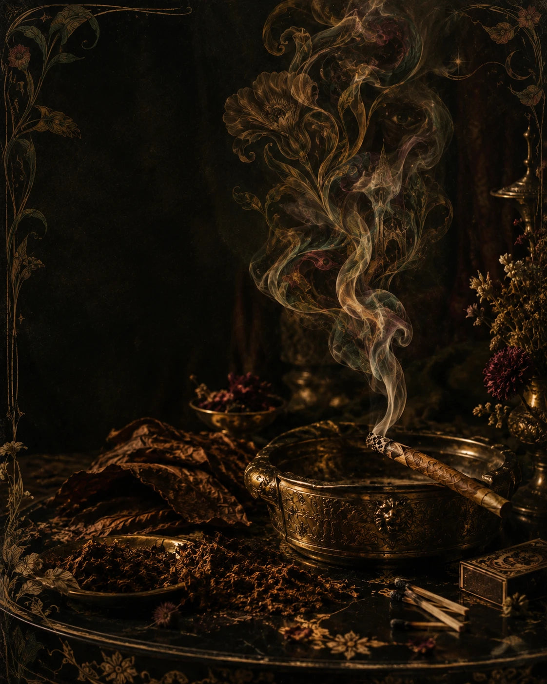 A brass bowl holding a lit roll, smoke drifting past a botanical illustration, in an ornate keepsake frame.